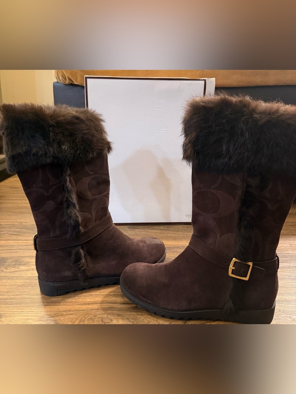 Coach Brown Suede Fur-Trim Mid-Calf Winter Boots